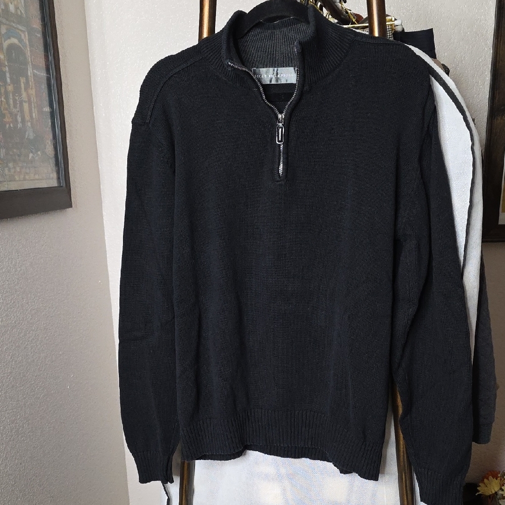Oscar de la Renta Black Quarter Zip-Up Sweater cotton Grey Large